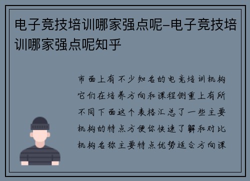 电子竞技培训哪家强点呢-电子竞技培训哪家强点呢知乎